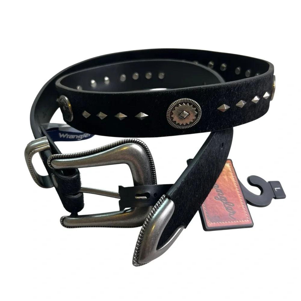 Wrangler NEW Black Leather Calf Hair with Silver Embellishments L Western Belt